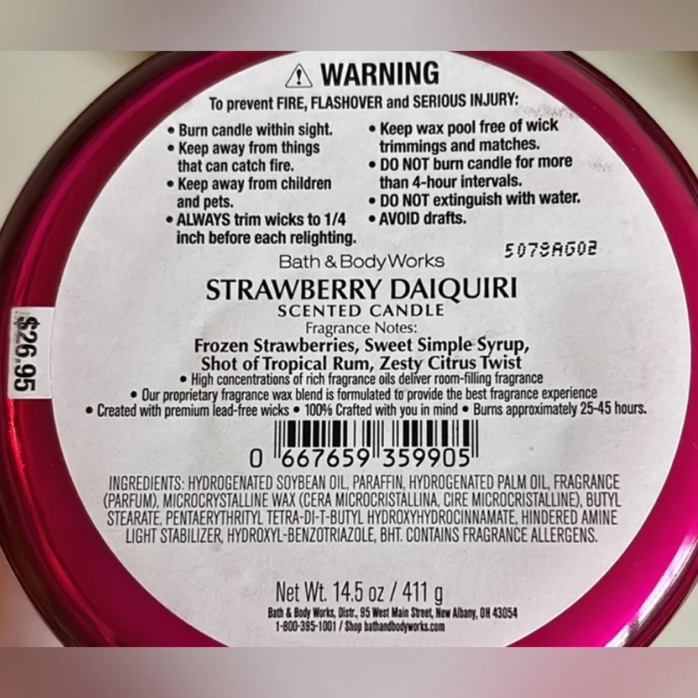 NIB Bath & Body Works “Strawberry Daiquiri” 3-Wick Candle Decorative Metal Lid